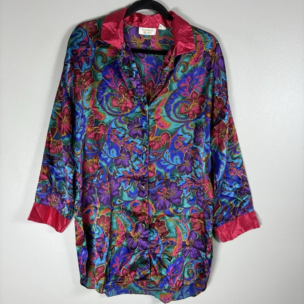 Victoria's Secret Women's M/L Multicolor Floral Satin Mid Length Sleep Shirt VTG